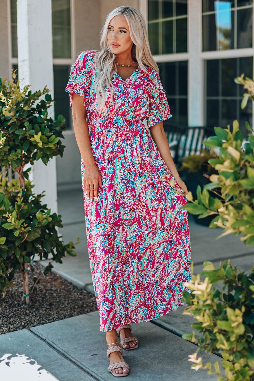 Multicolored V - Neck Maxi Dress - MAD RUFFI