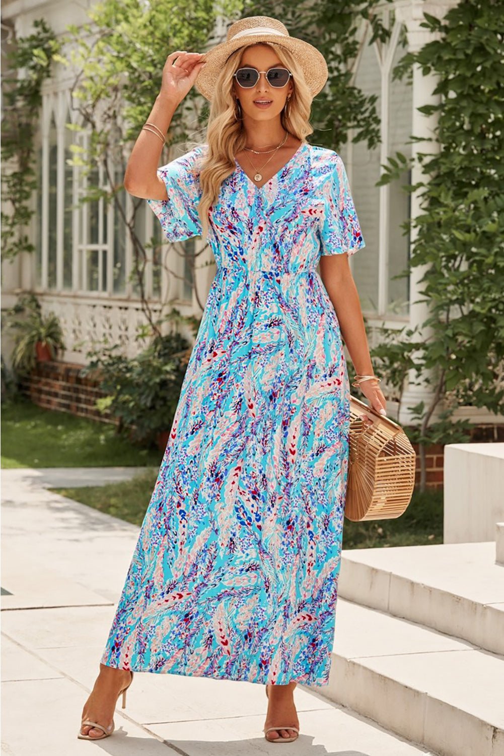 Multicolored V - Neck Maxi Dress - MAD RUFFI