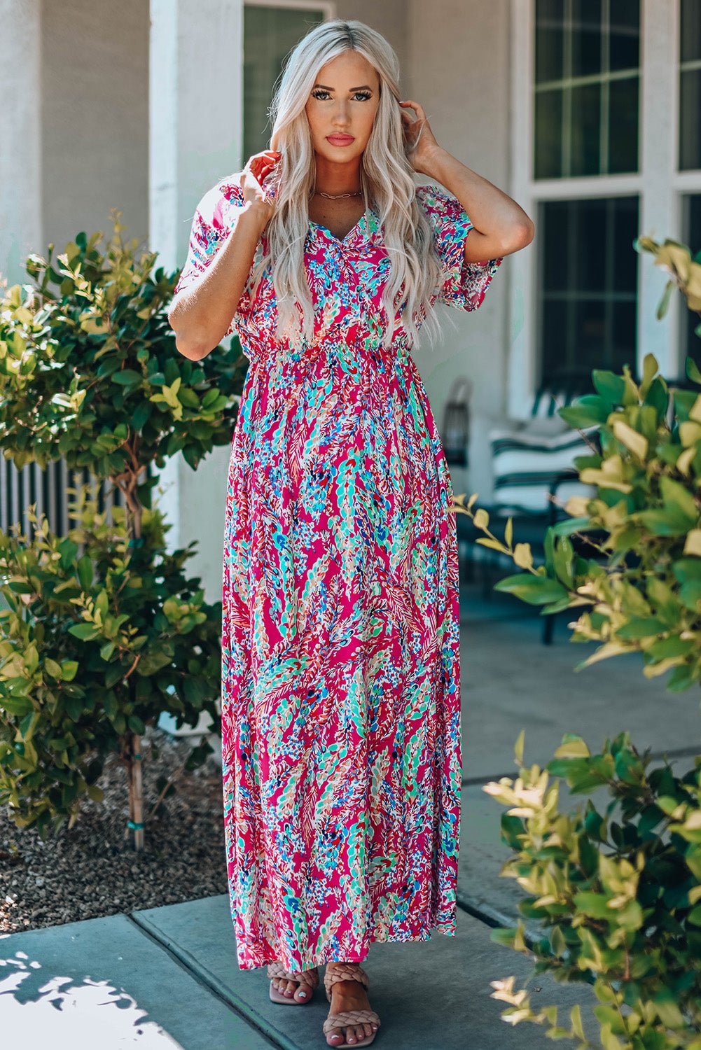 Multicolored V - Neck Maxi Dress - MAD RUFFI