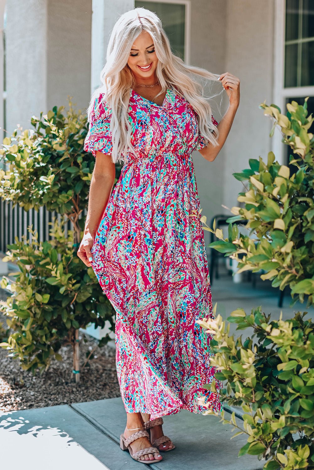 Multicolored V - Neck Maxi Dress - MAD RUFFI