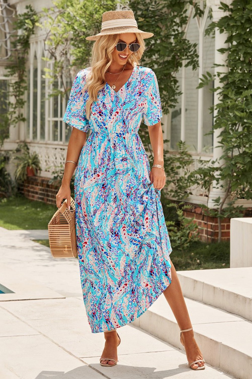 Multicolored V - Neck Maxi Dress - MAD RUFFI