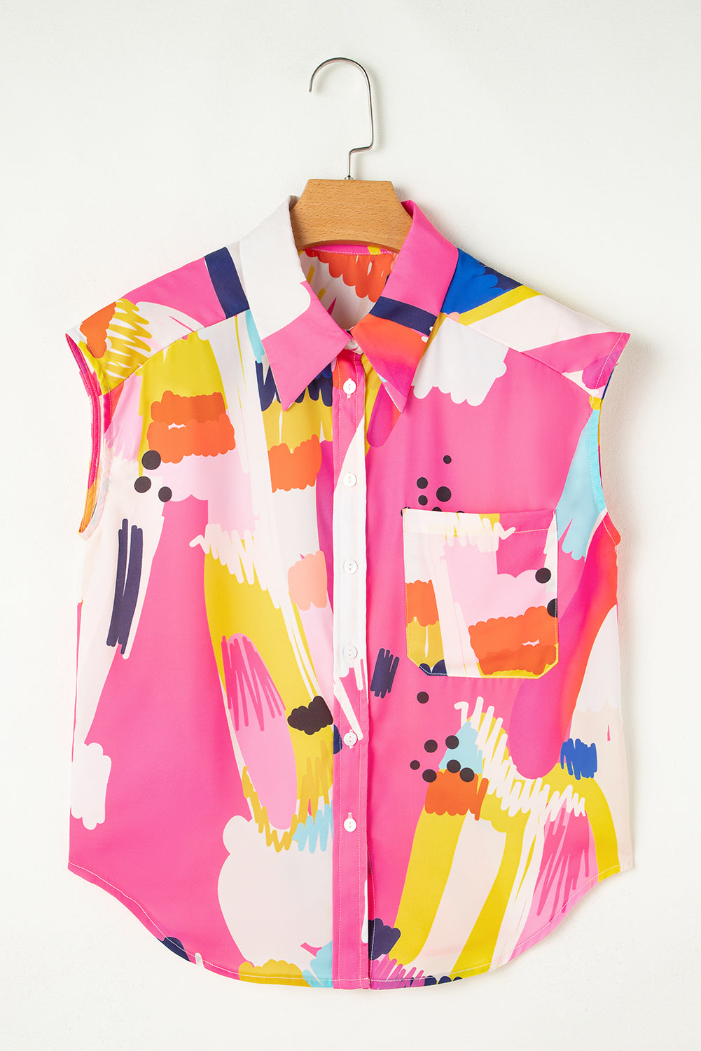 Multicolour Abstract Print Collared Cap Sleeve Casual Shirt - Blouses