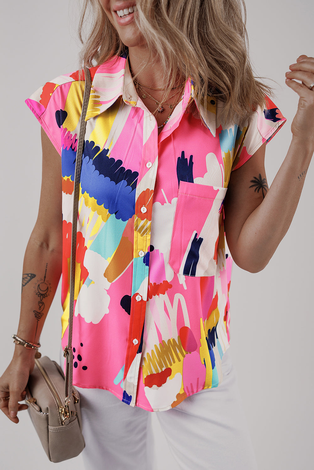 Multicolour Abstract Print Collared Cap Sleeve Casual Shirt - Blouses