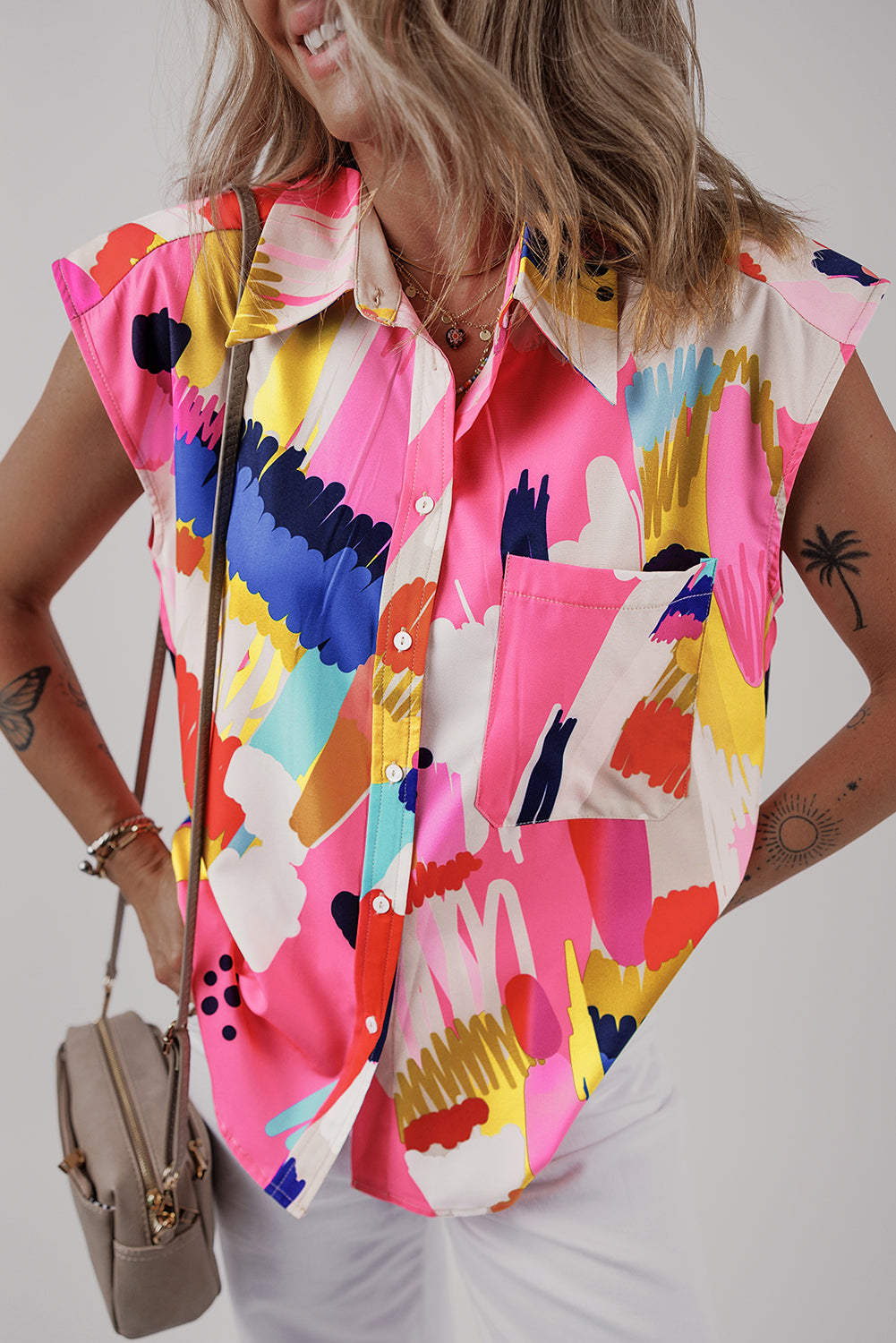 Multicolour Abstract Print Collared Cap Sleeve Casual Shirt - Blouses