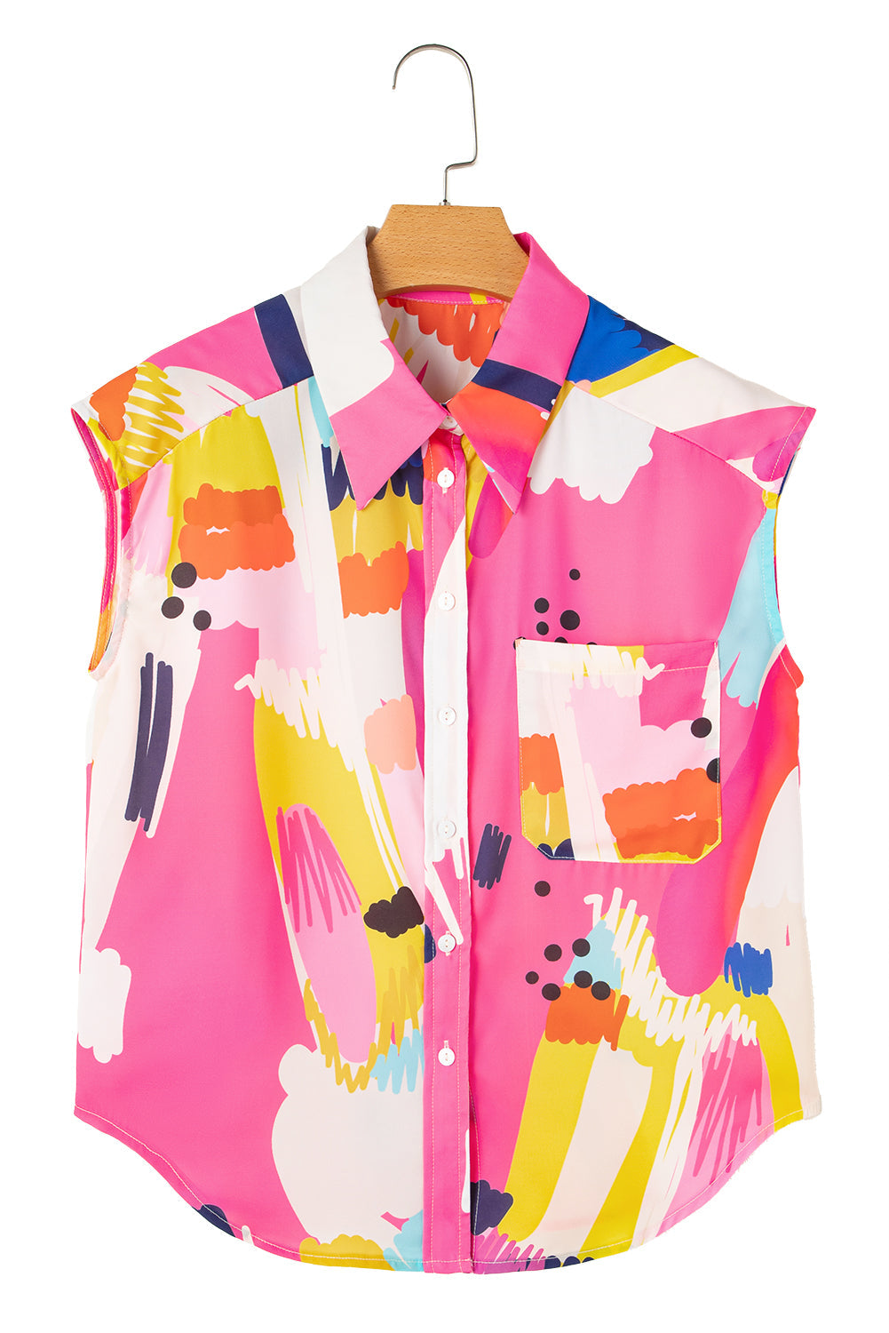 Multicolour Abstract Print Collared Cap Sleeve Casual Shirt - Blouses