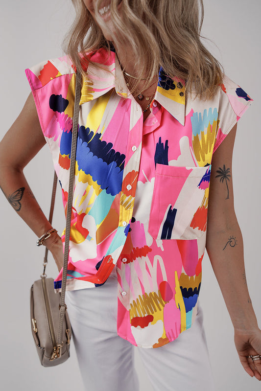 Multicolour Abstract Print Collared Cap Sleeve Casual Shirt - Multicolour / S - Blouses