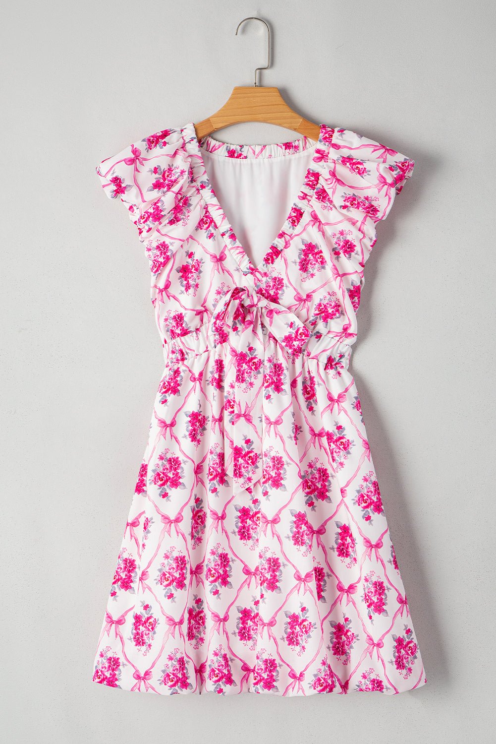 Multicolour Boho Bow Floral Print Knot V Neck Mini Dress - MAD RUFFI