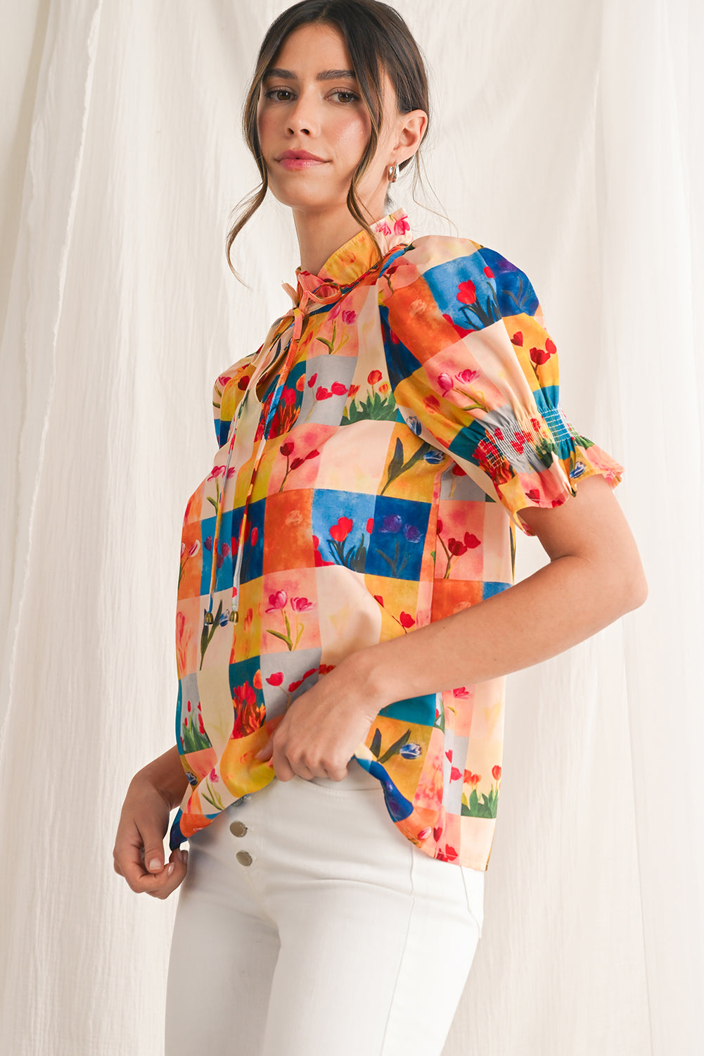 Multicolour Boho Floral Checkered Frill V-Neck Blouse - Blouses