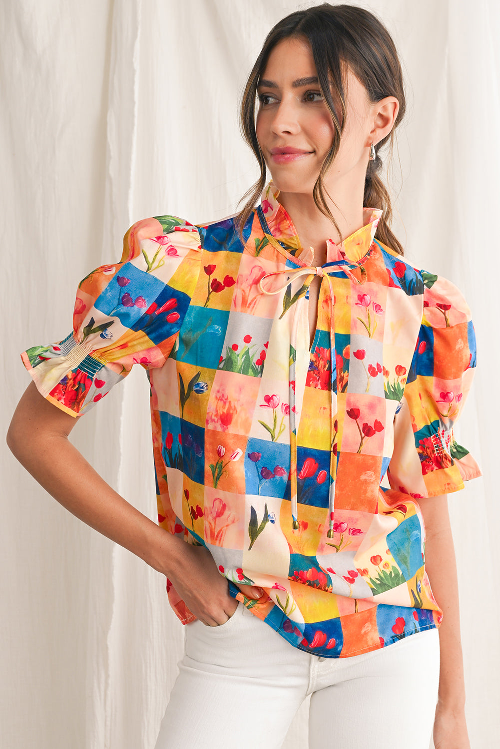 Multicolour Boho Floral Checkered Frill V-Neck Blouse - Blouses