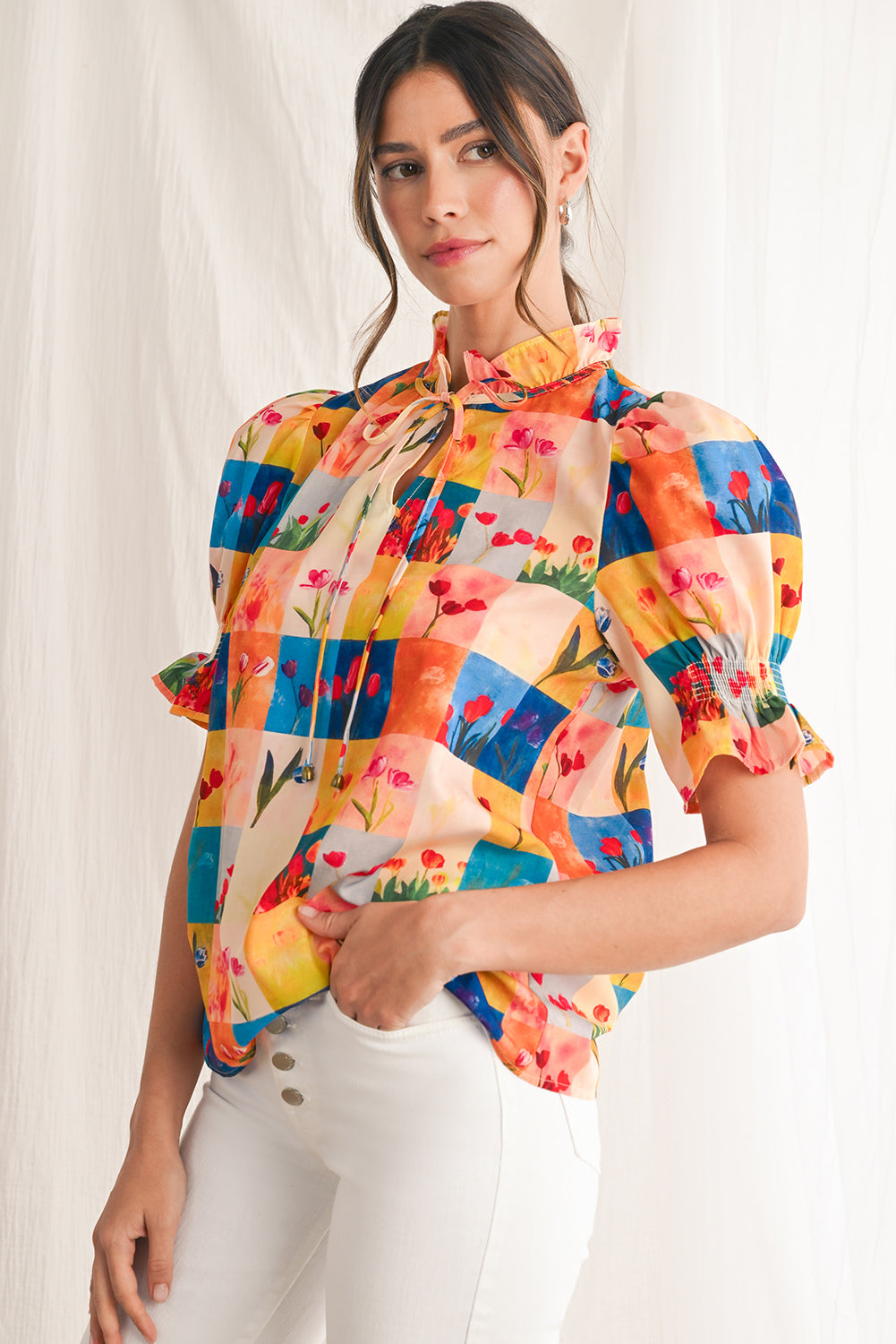 Multicolour Boho Floral Checkered Frill V-Neck Blouse - Blouses