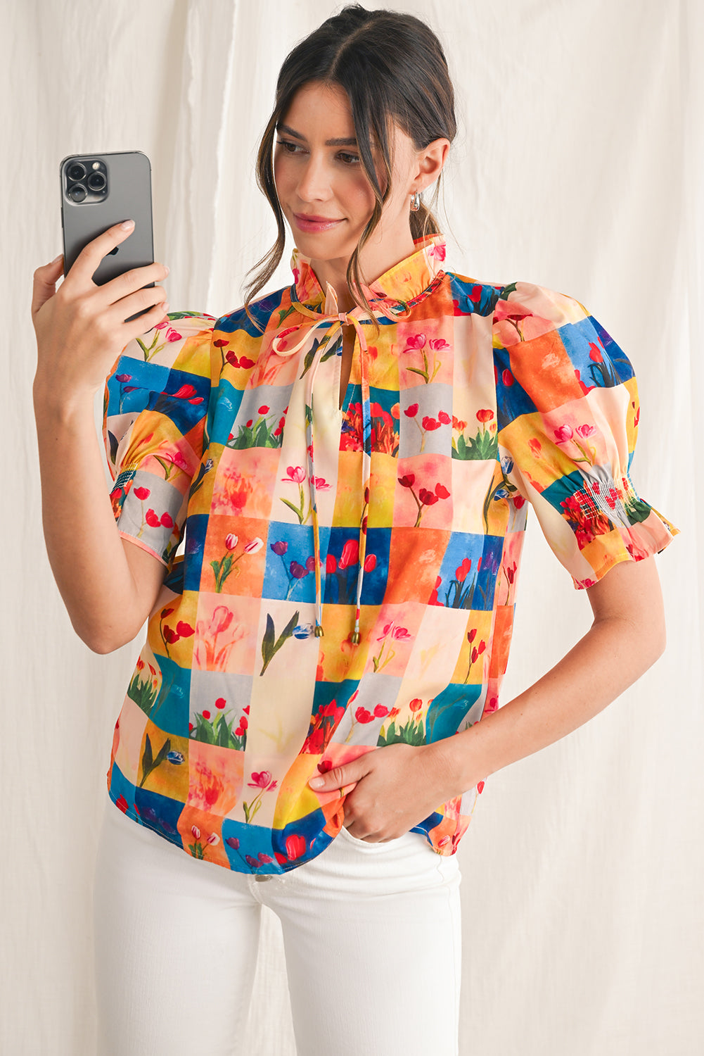 Multicolour Boho Floral Checkered Frill V-Neck Blouse - Blouses