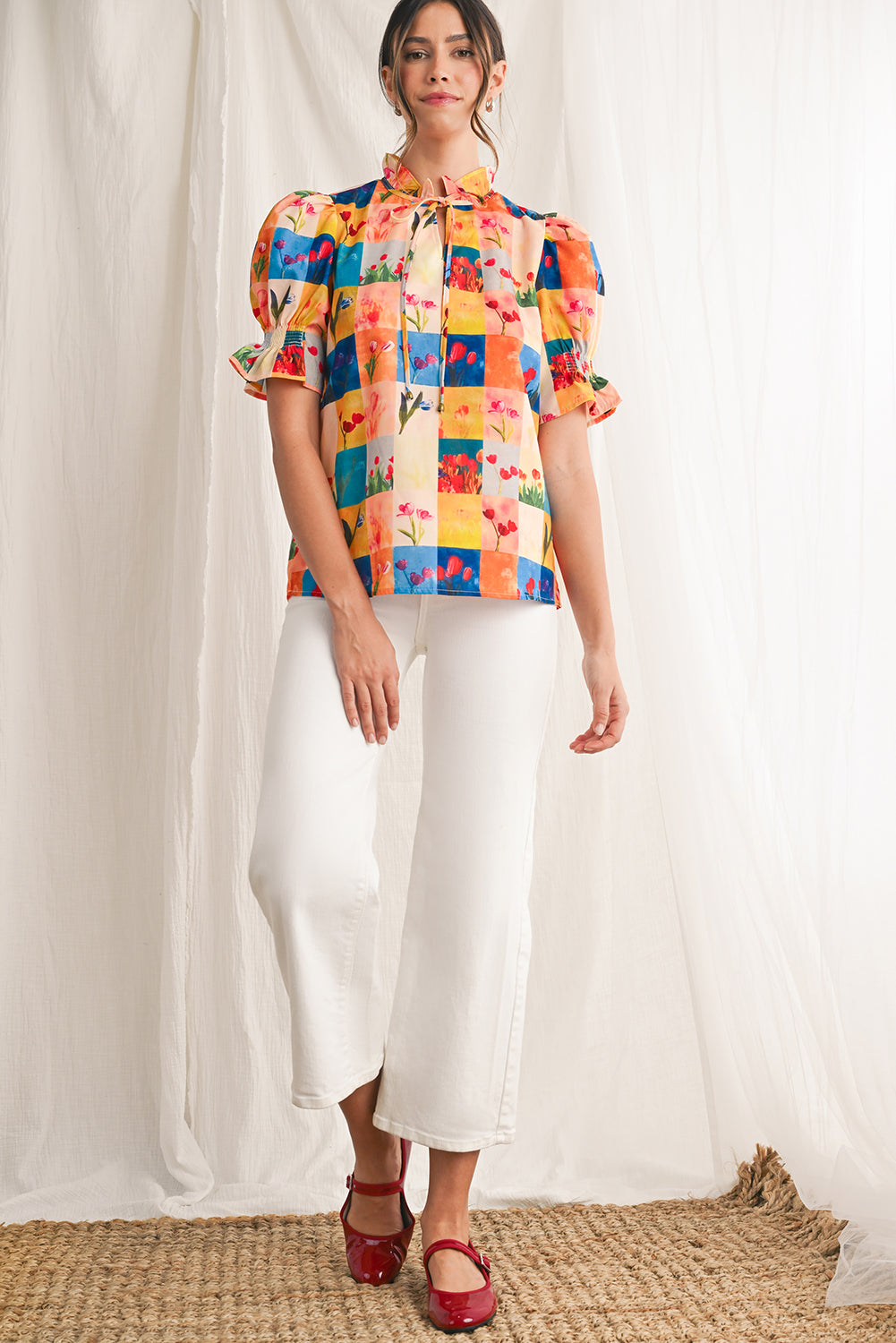 Multicolour Boho Floral Checkered Frill V-Neck Blouse - Blouses