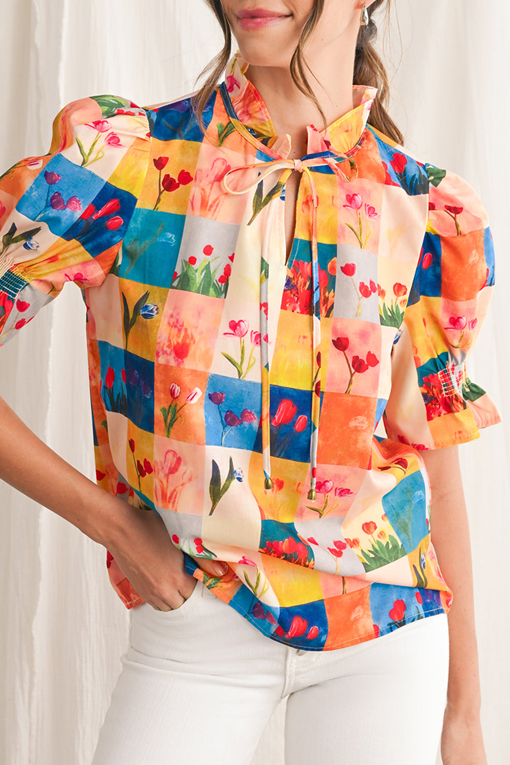 Multicolour Boho Floral Checkered Frill V-Neck Blouse - Multicolour / S - Blouses