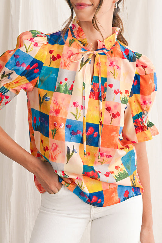 Multicolour Boho Floral Checkered Frill V-Neck Blouse - Multicolour / S - Blouses