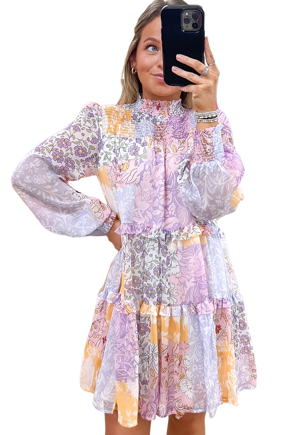 Multicolour Boho Floral Smocked Frill Mini Dress - MAD RUFFI