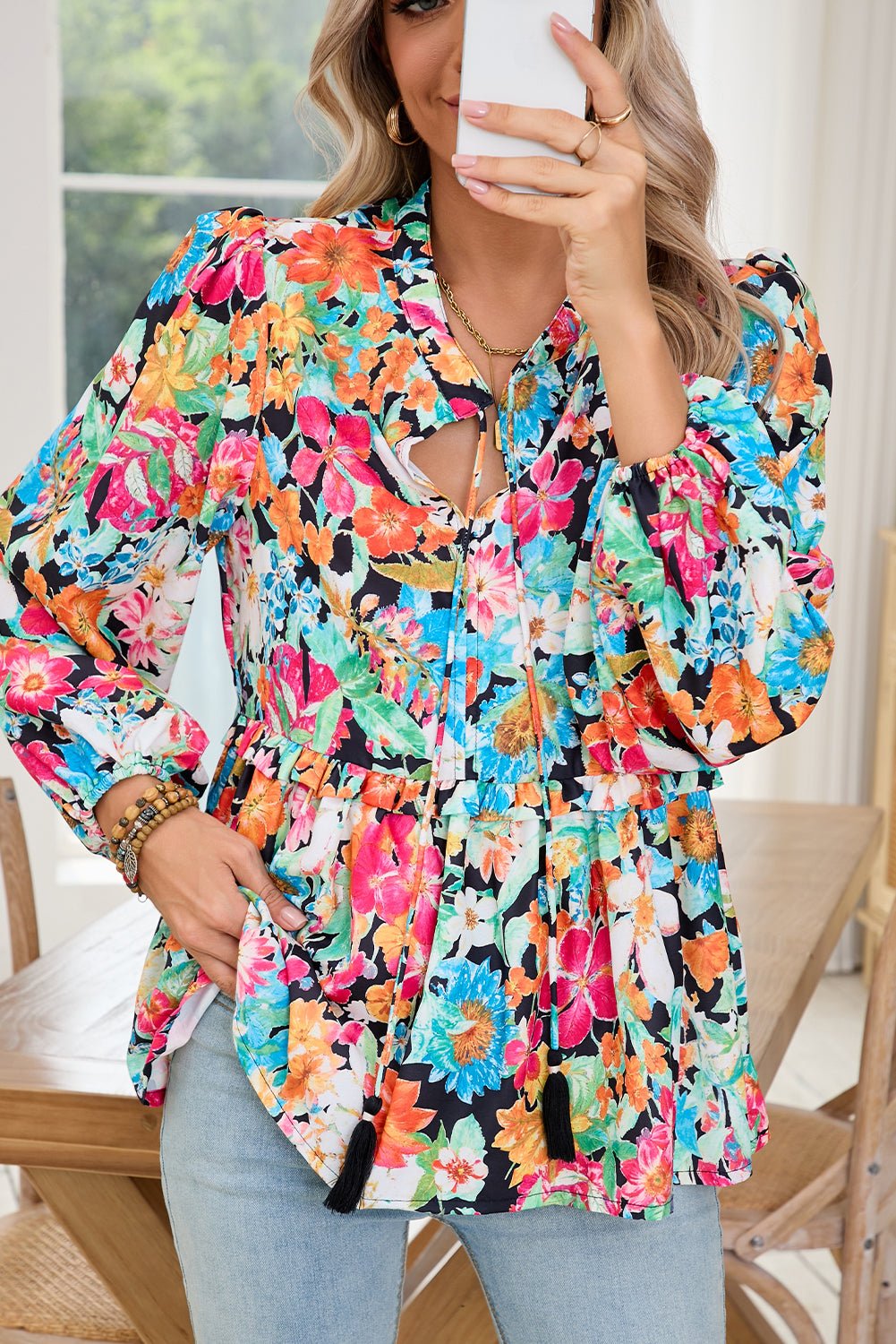 Multicolour Boho Floral V Neck Lantern Sleeve Blouse - MAD RUFFI