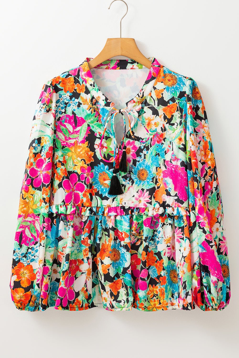 Multicolour Boho Floral V Neck Lantern Sleeve Blouse - MAD RUFFI