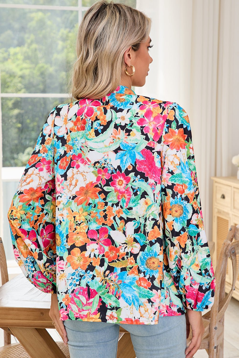 Multicolour Boho Floral V Neck Lantern Sleeve Blouse - MAD RUFFI