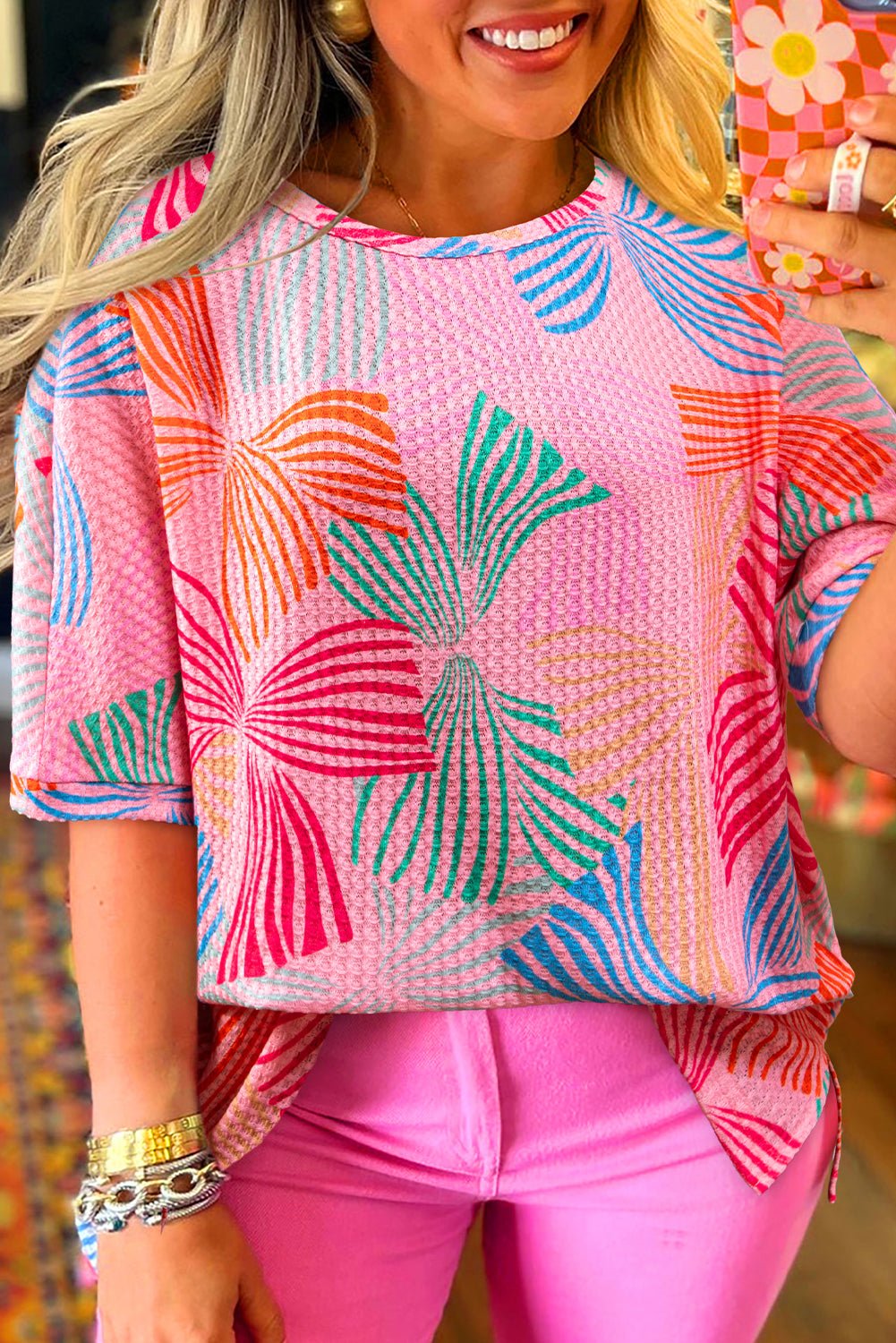 Multicolour Bowknot Print Waffle Loose Tee - MAD RUFFI