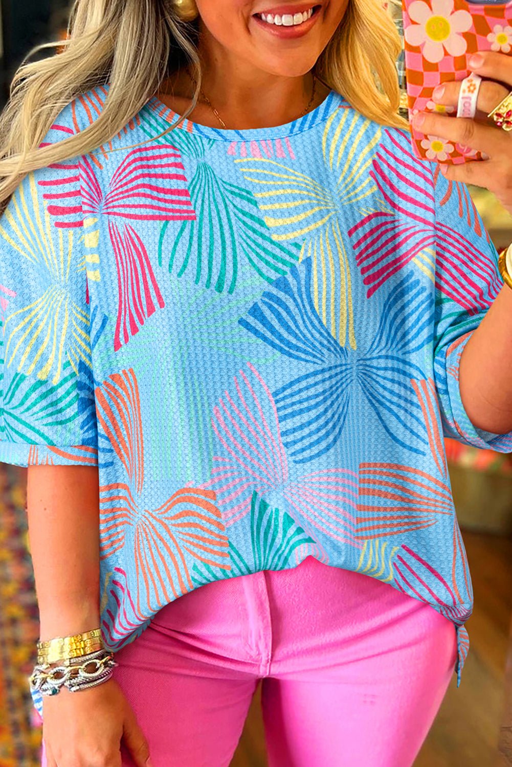 Multicolour Bowknot Print Waffle Loose Tee - MAD RUFFI