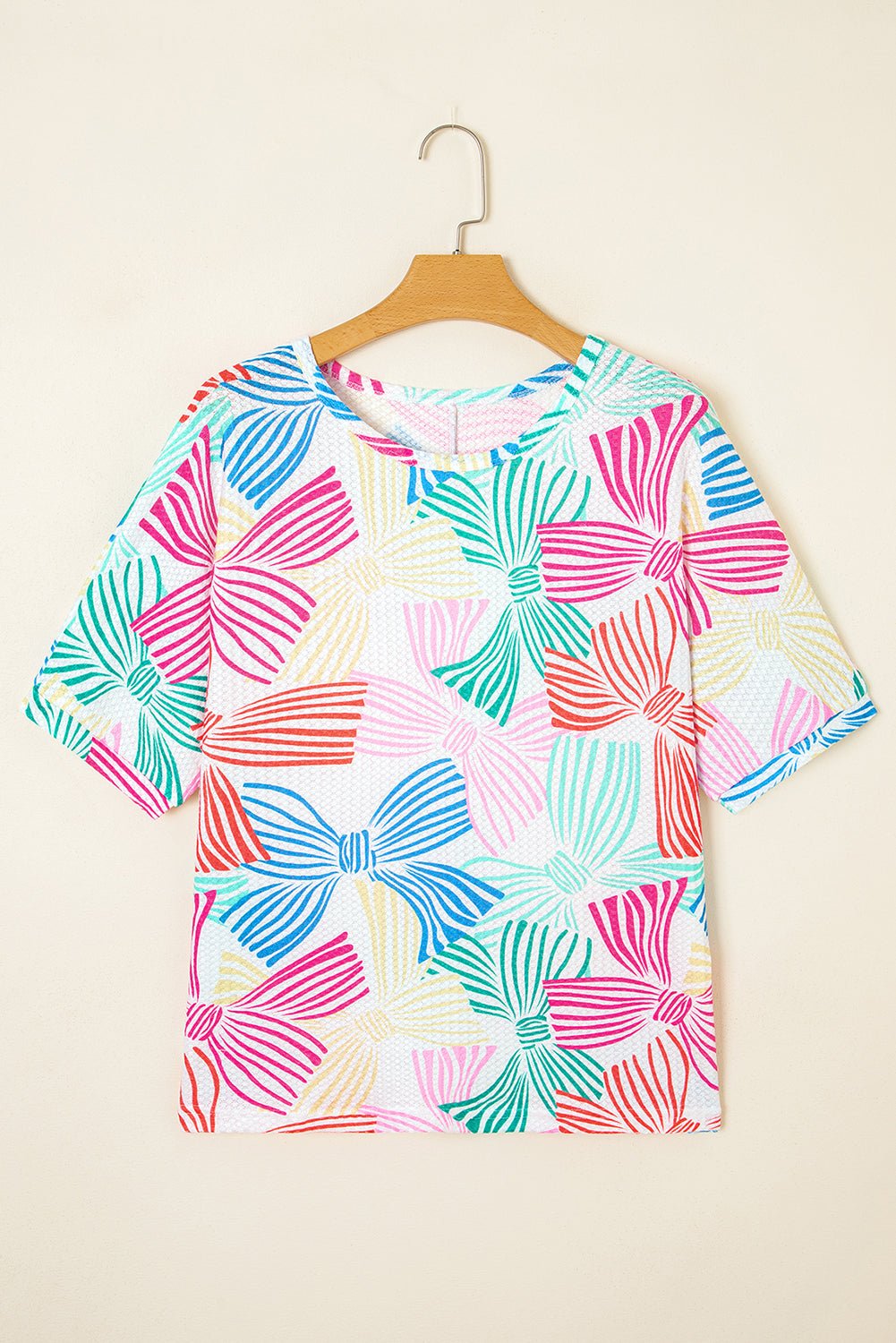 Multicolour Bowknot Print Waffle Loose Tee - MAD RUFFI