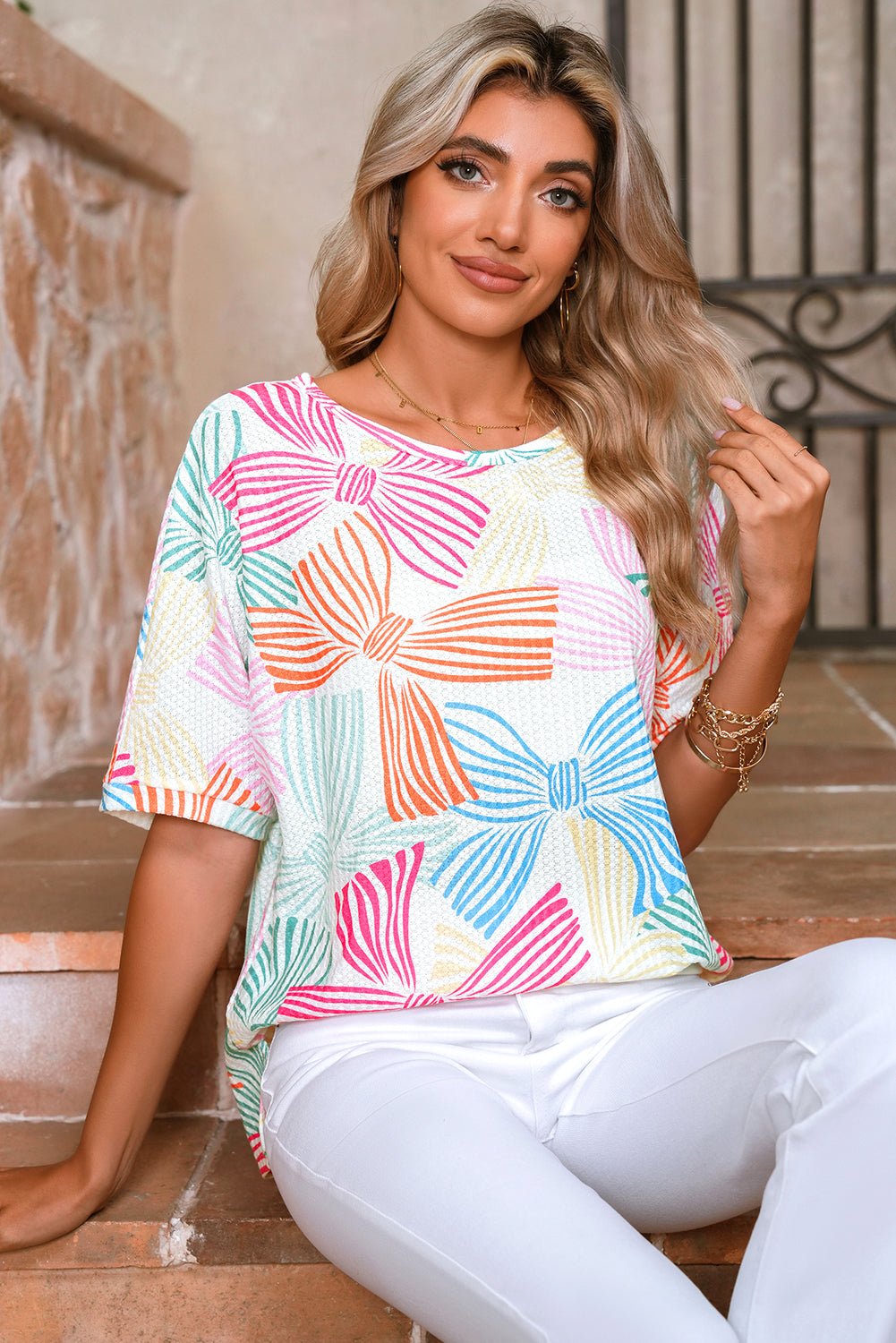 Multicolour Bowknot Print Waffle Loose Tee - MAD RUFFI