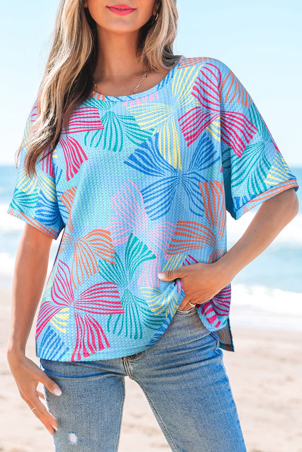 Multicolour Bowknot Print Waffle Loose Tee - MAD RUFFI