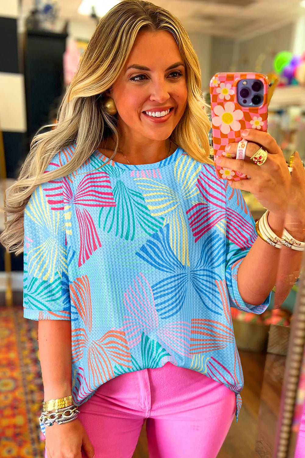 Multicolour Bowknot Print Waffle Loose Tee - MAD RUFFI