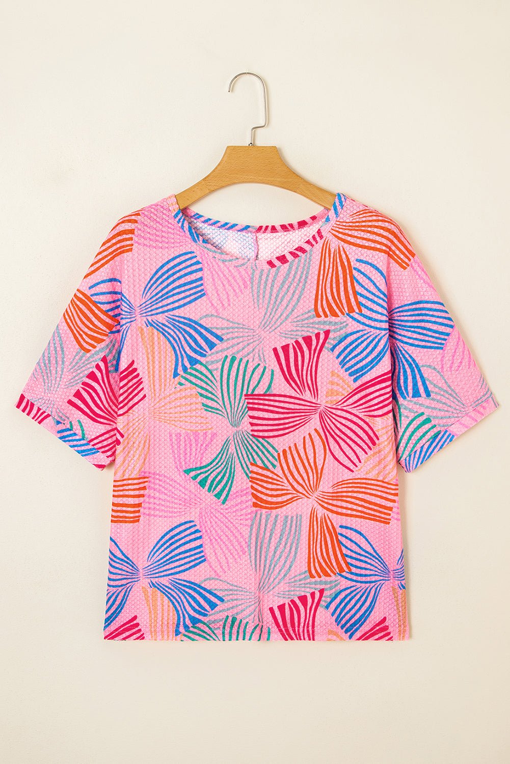 Multicolour Bowknot Print Waffle Loose Tee - MAD RUFFI