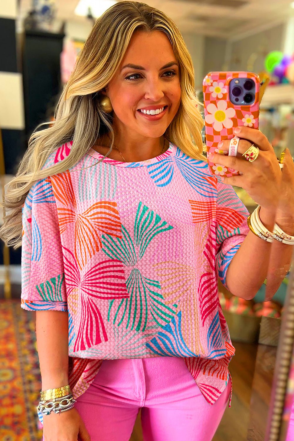 Multicolour Bowknot Print Waffle Loose Tee - MAD RUFFI