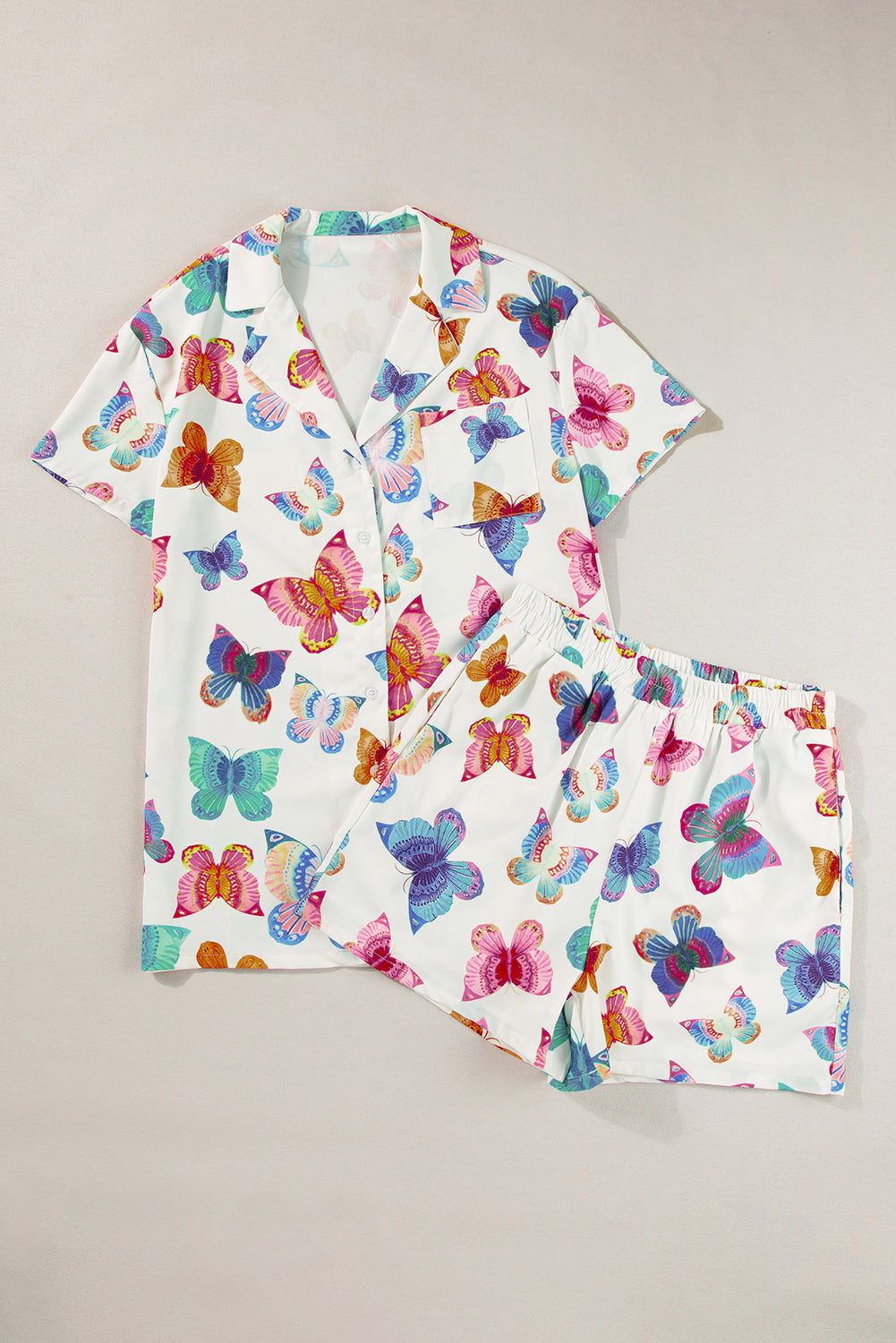 Multicolour Butterfly Print Button-up Shirt & Shorts Pajama Set - MAD RUFFI