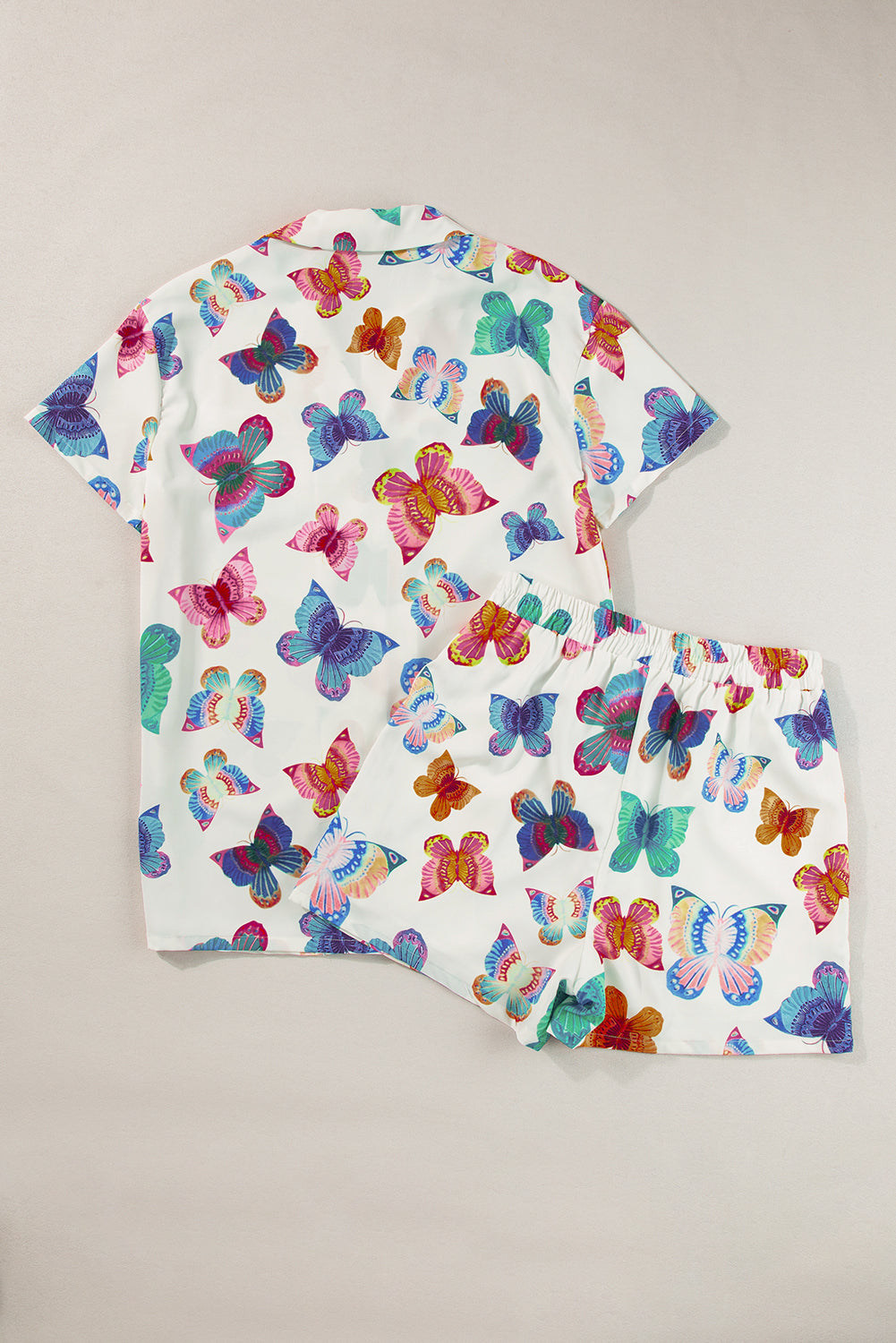 Multicolour Butterfly Print Button-up Shirt & Shorts Pajama Set - MAD RUFFI