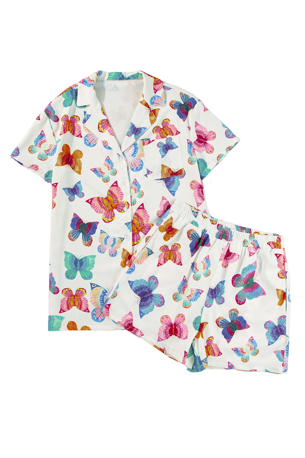 Multicolour Butterfly Print Button-up Shirt & Shorts Pajama Set - MAD RUFFI