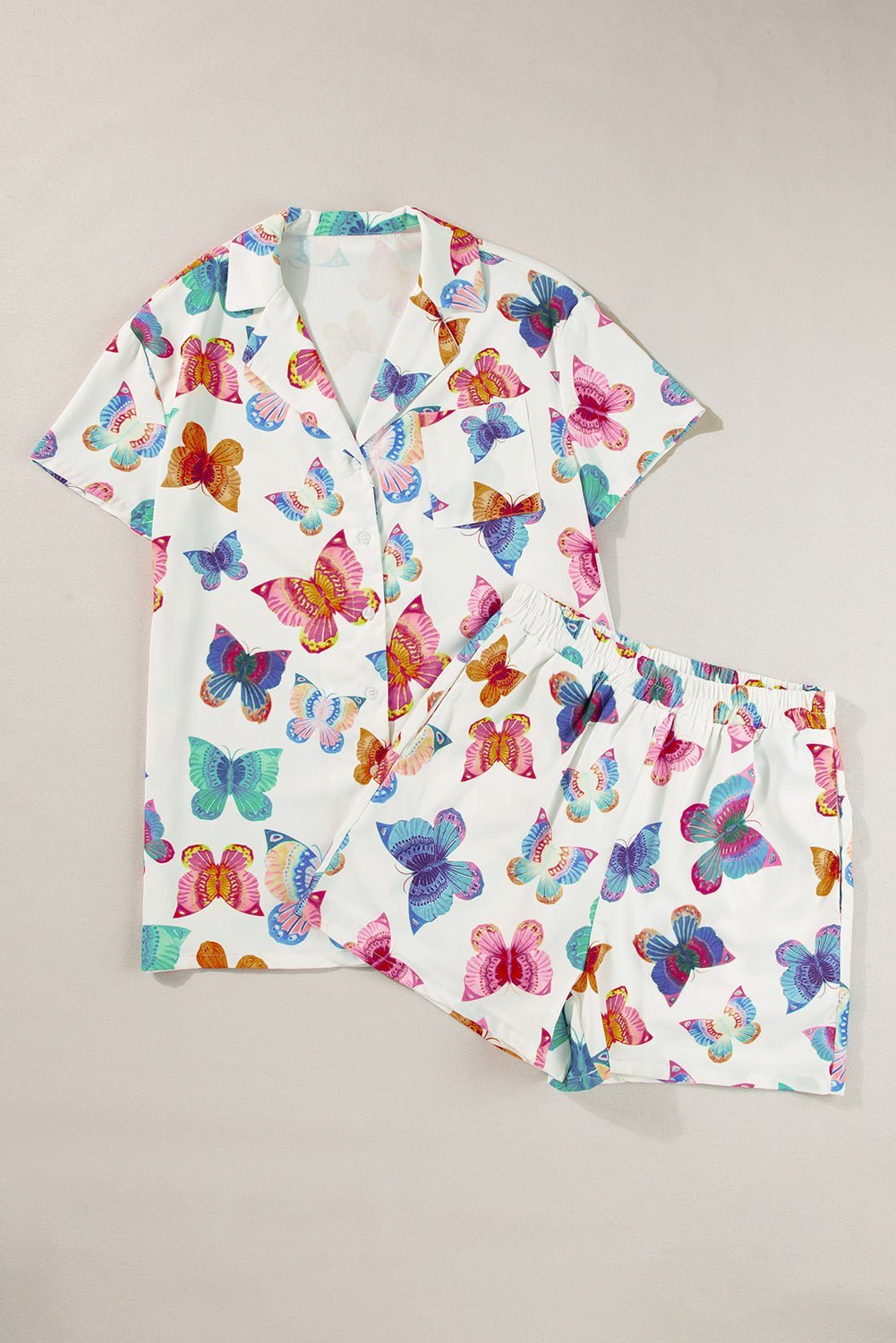 Multicolour Butterfly Print Button - up Shirt & Shorts Pajama Set - MAD RUFFI
