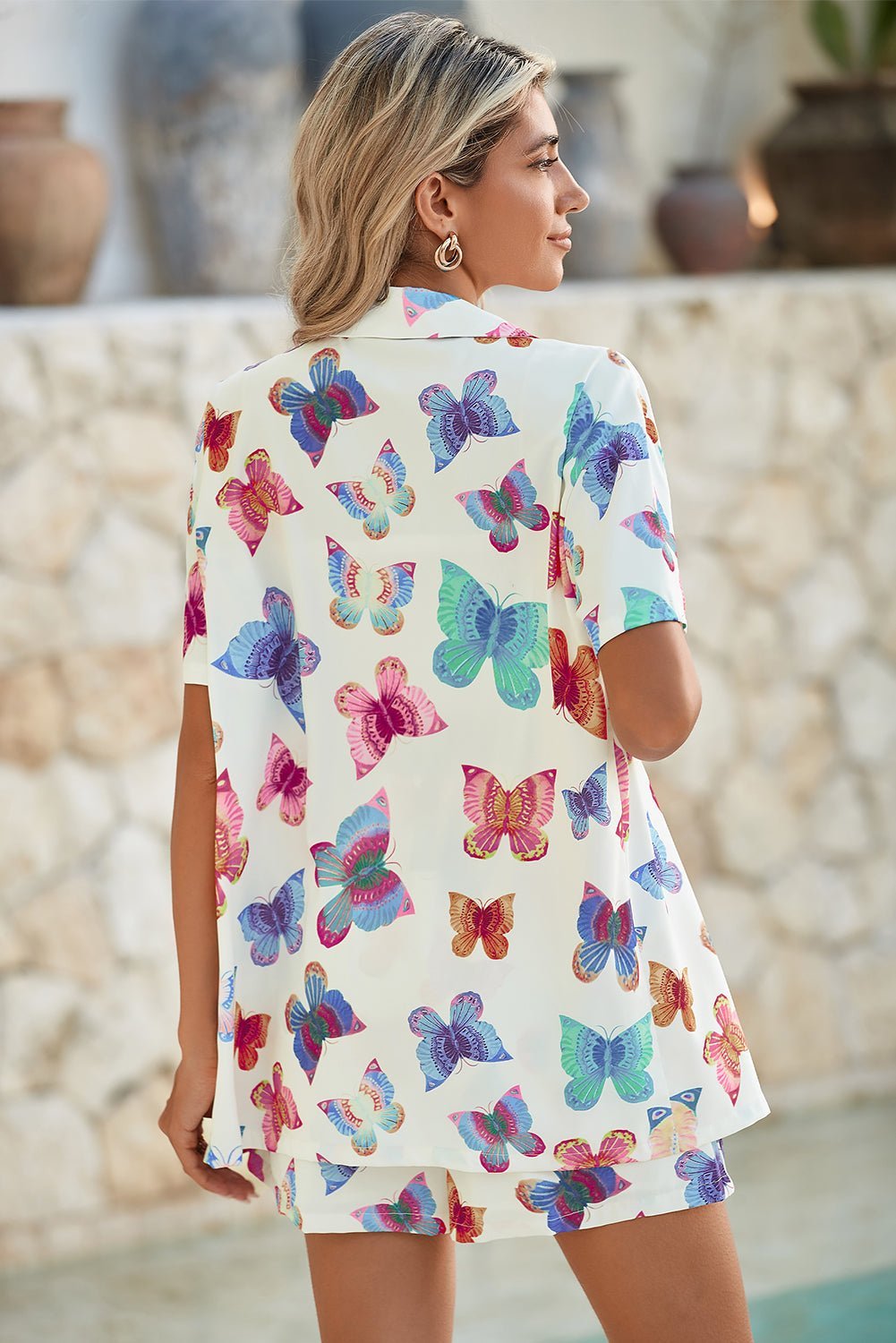 Multicolour Butterfly Print Button - up Shirt & Shorts Pajama Set - MAD RUFFI