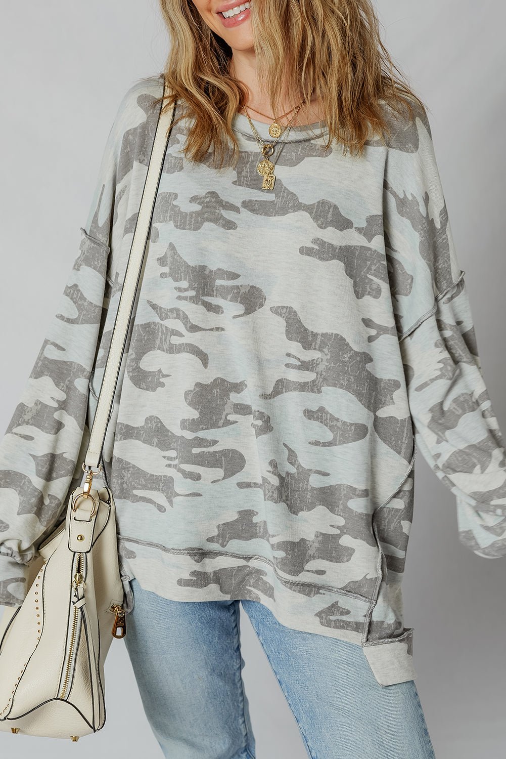 Multicolour Camouflage Print Exposed Seam Drop Shoulder Sweatshirt - MAD RUFFI