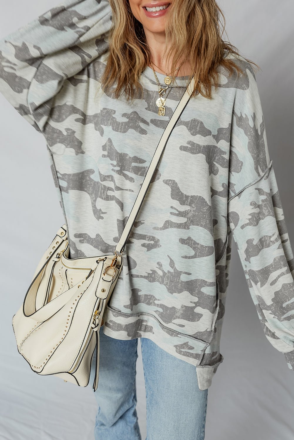 Multicolour Camouflage Print Exposed Seam Drop Shoulder Sweatshirt - MAD RUFFI