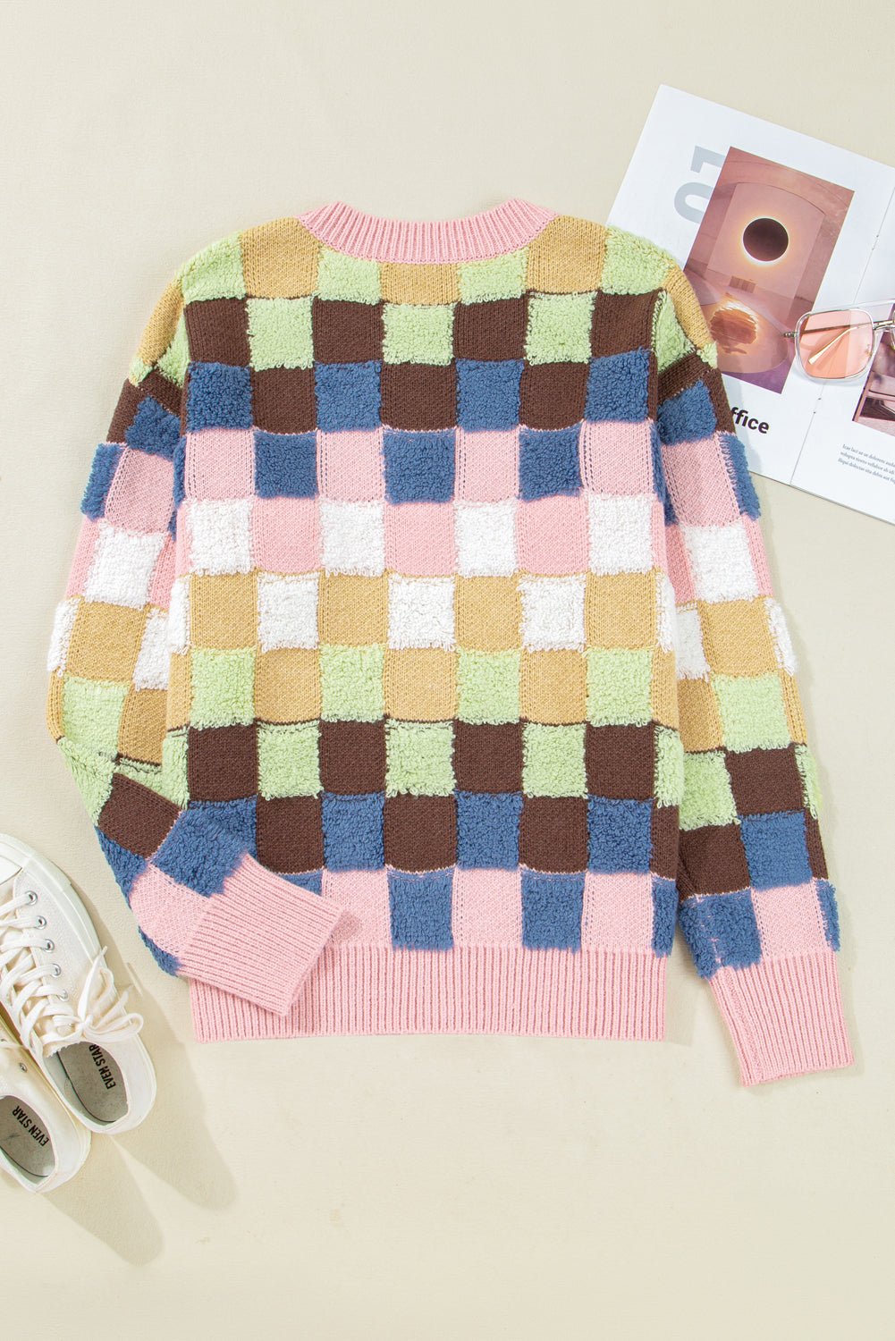 Multicolour Checkered Pattern Button Front Knit Cardigan - MAD RUFFI