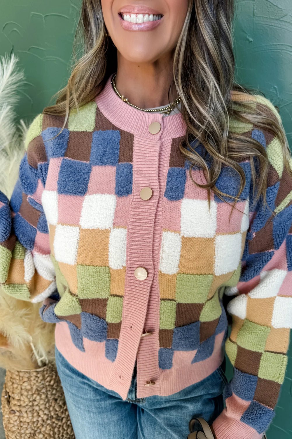Multicolour Checkered Pattern Button Front Knit Cardigan - MAD RUFFI