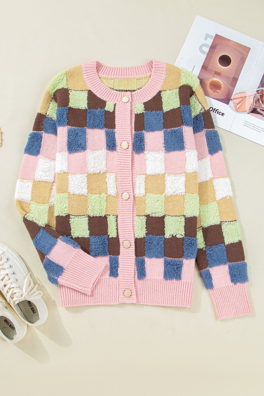 Multicolour Checkered Pattern Button Front Knit Cardigan - MAD RUFFI