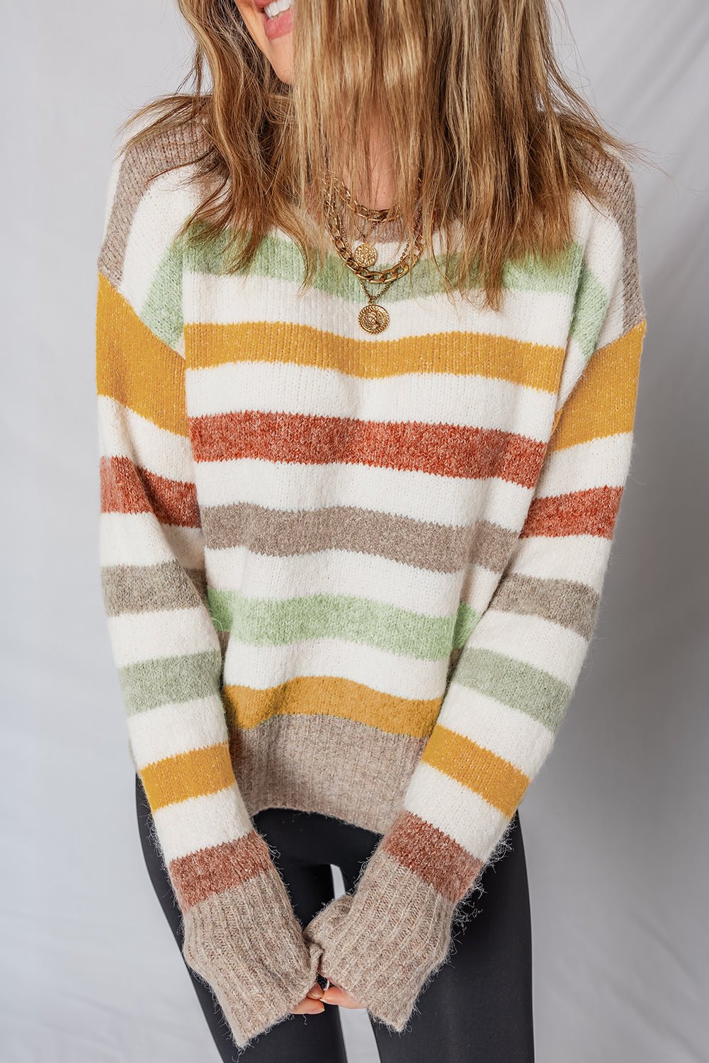 Multicolour Colorblock Drop Shoulder Crew Neck Sweater - MAD RUFFI