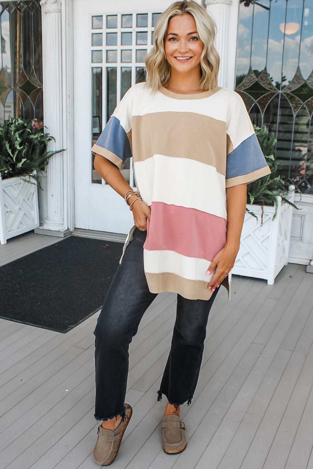 Multicolour Colorblock Patchwork Side Split Tunic T Shirt - MAD RUFFI