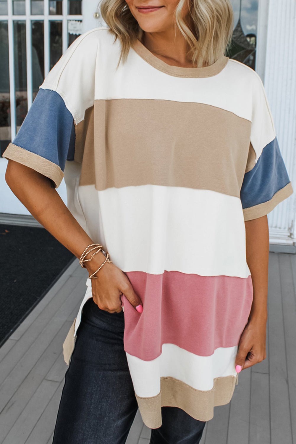 Multicolour Colorblock Patchwork Side Split Tunic T Shirt - MAD RUFFI