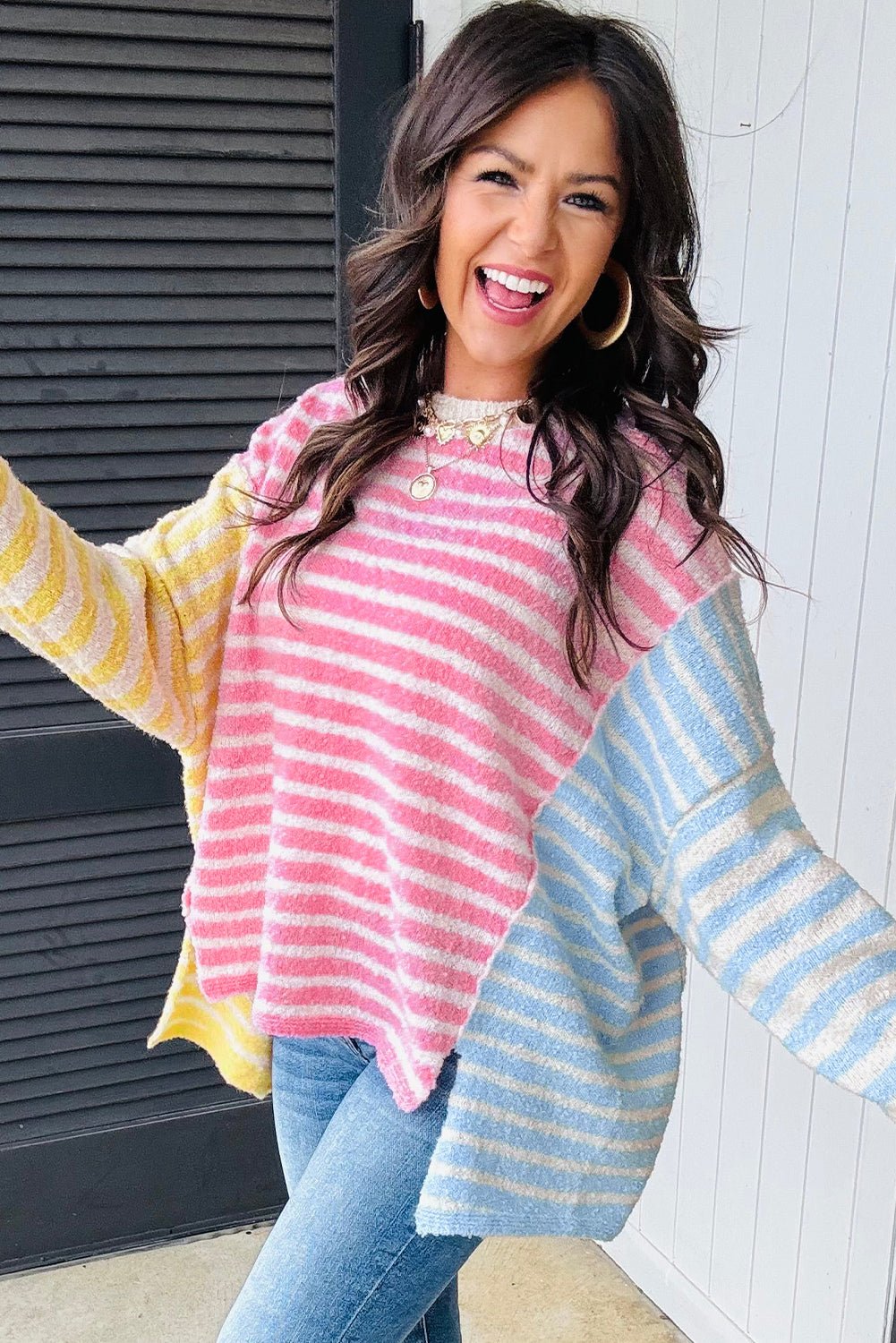 Multicolour Colorblock Striped Patchwork Dolman Sleeve Slit Sweater - MAD RUFFI