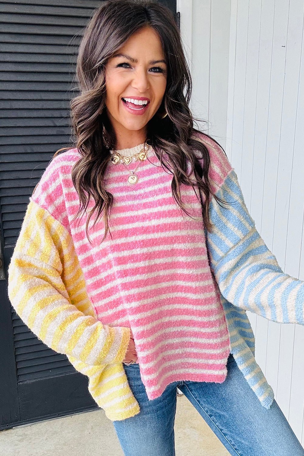 Multicolour Colorblock Striped Patchwork Dolman Sleeve Slit Sweater - MAD RUFFI