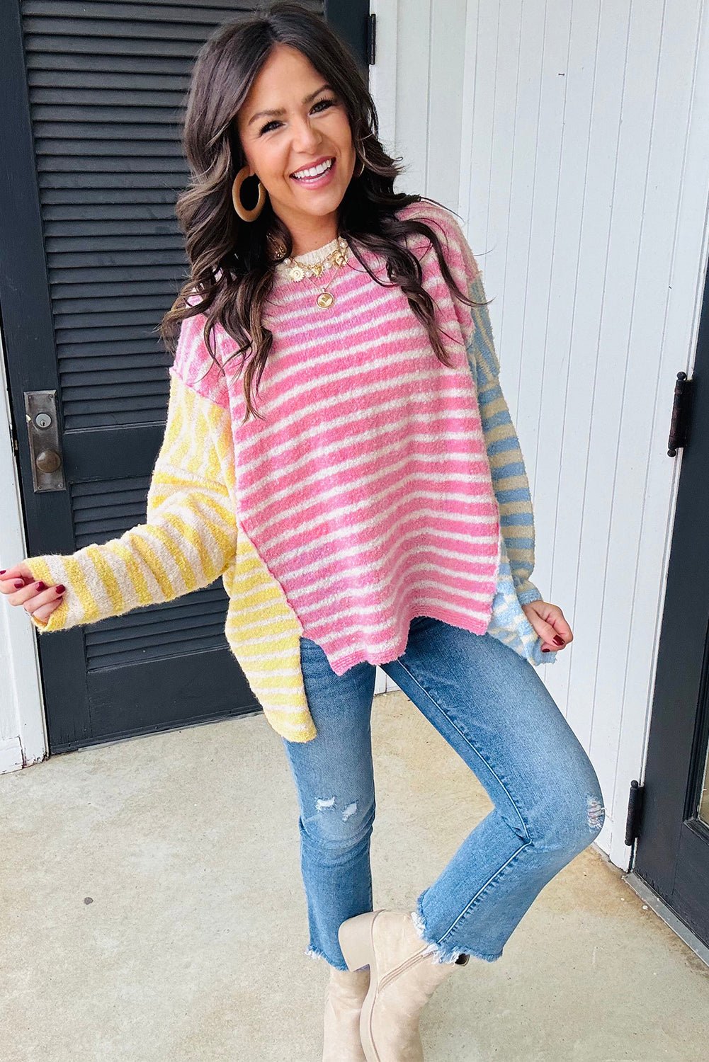 Multicolour Colorblock Striped Patchwork Dolman Sleeve Slit Sweater - MAD RUFFI