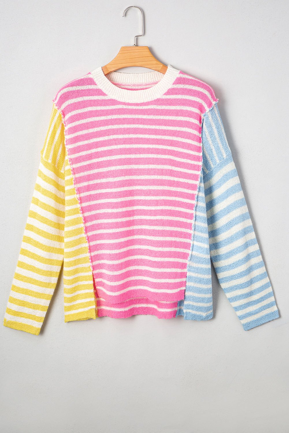 Multicolour Colorblock Striped Patchwork Dolman Sleeve Slit Sweater - MAD RUFFI