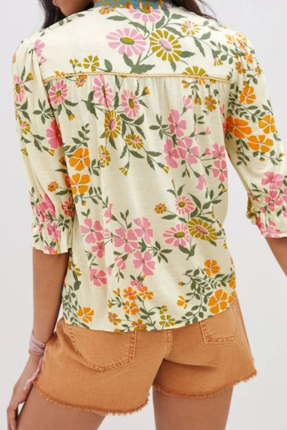 Multicolour Crochet V Neck Half Sleeve Boho Floral Blouse - MAD RUFFI