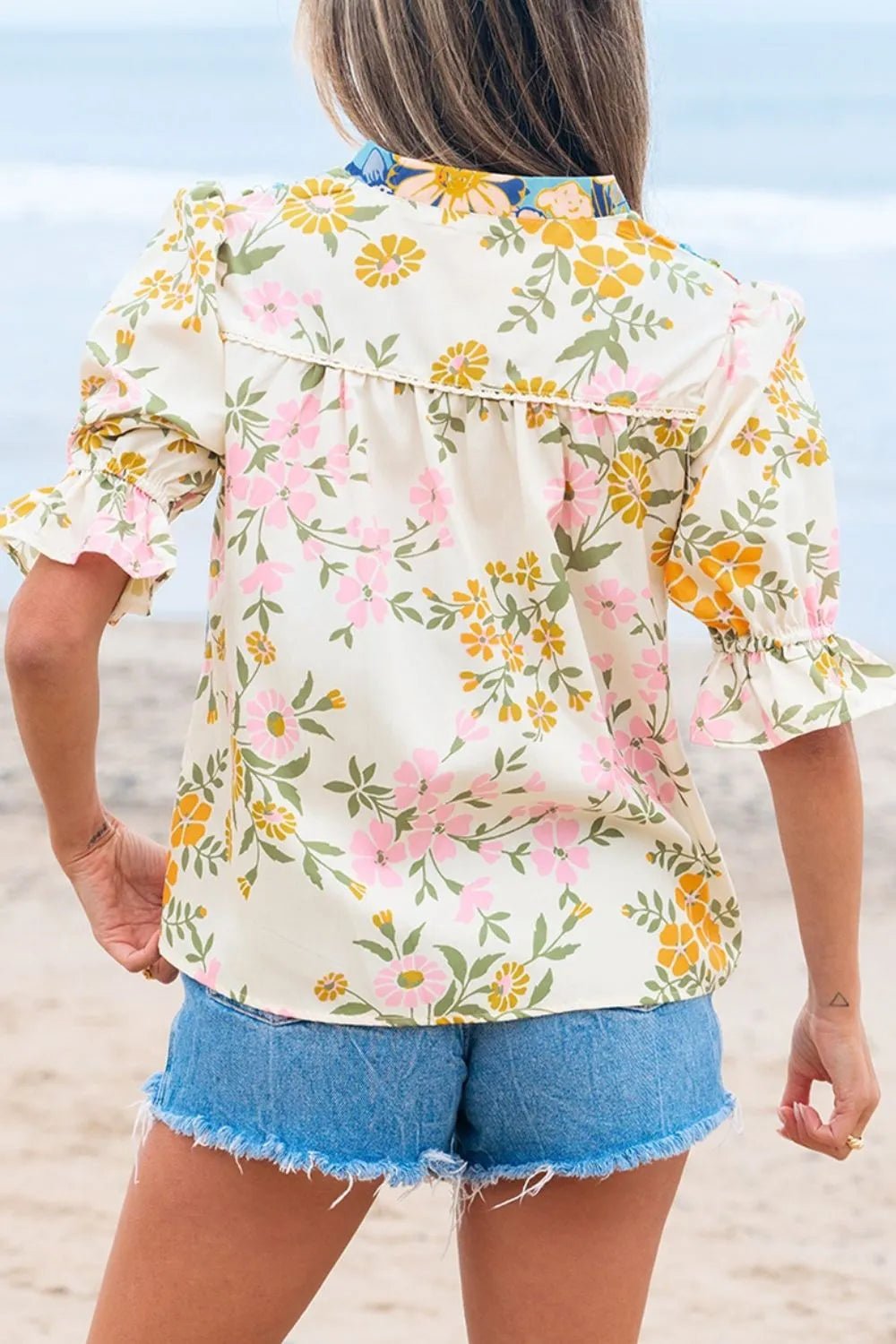 Multicolour Crochet V Neck Half Sleeve Boho Floral Blouse - MAD RUFFI