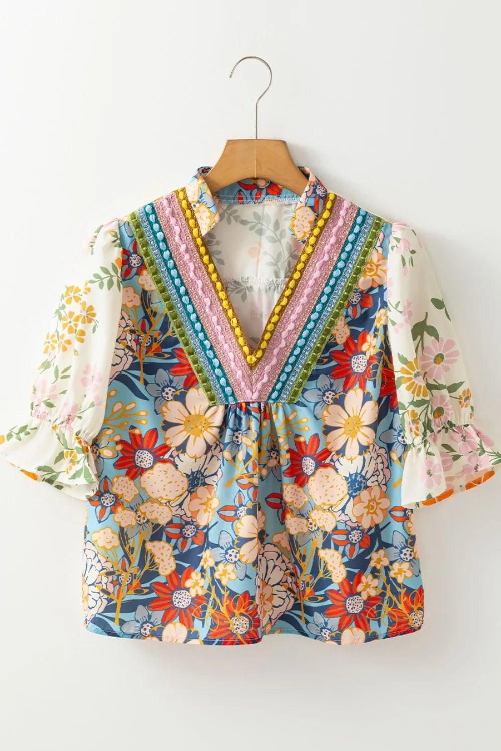 Multicolour Crochet V Neck Half Sleeve Boho Floral Blouse - MAD RUFFI